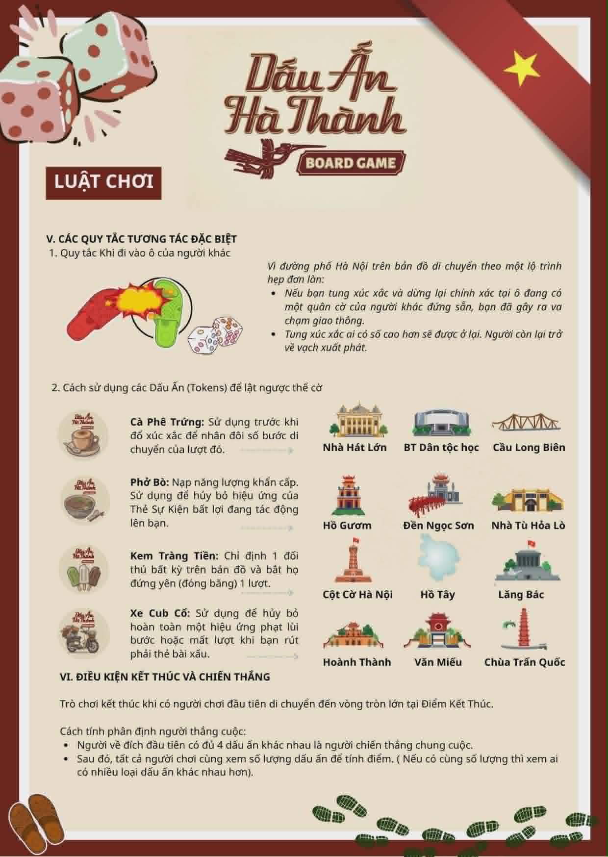 Xúc xắc và quân cờ địa danh dùng trong ván chơi